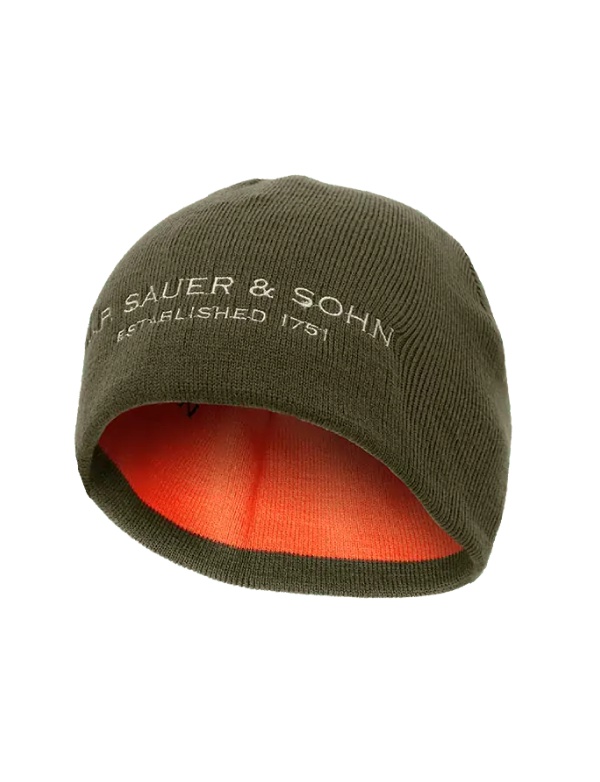 Čepice Sauer - oboustranná, pletená, zelená/oranžová s nápisem Sauer (80401869)